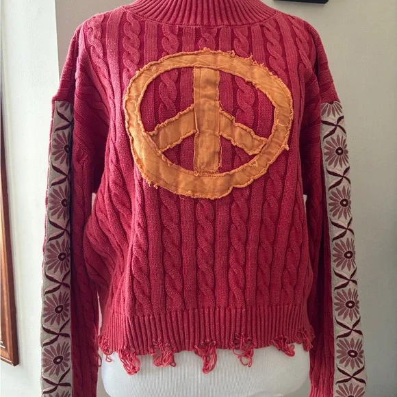 washed peace patch cable knit sweater - Picture 1 of 7